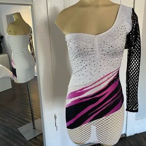 Custom one shoulder rhinestone fishnet Dress